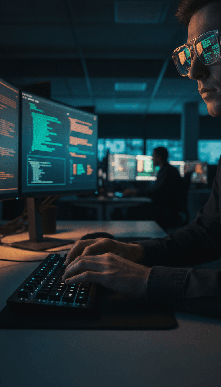 Data engineer typing on a keyboard with code on screens