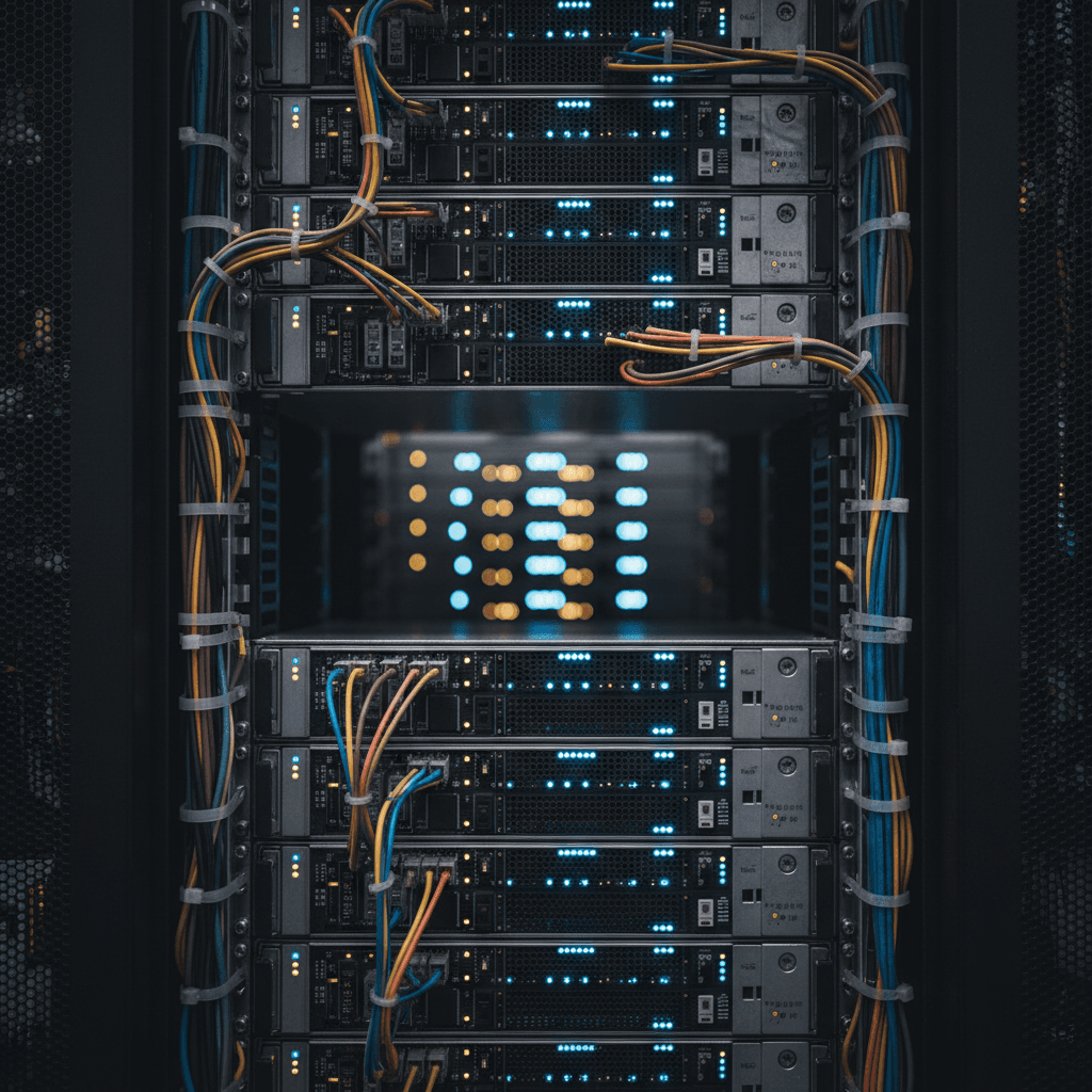 Close-up of data server hardware with blinking lights