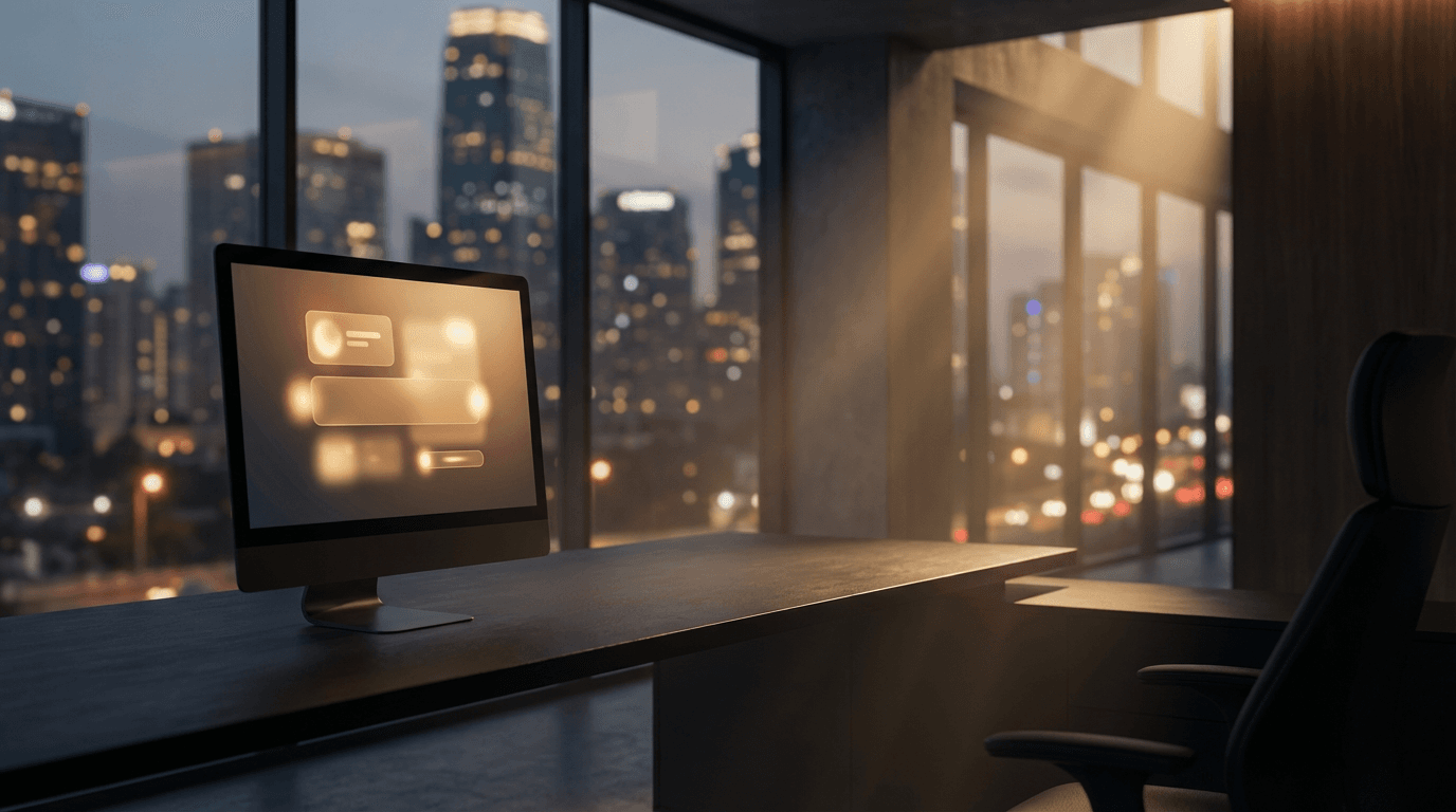 Boston office at night with data pipeline visual on monitor