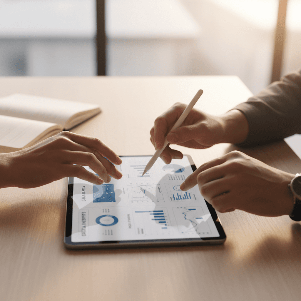 Hand interacting with a real-time data dashboard on a tablet