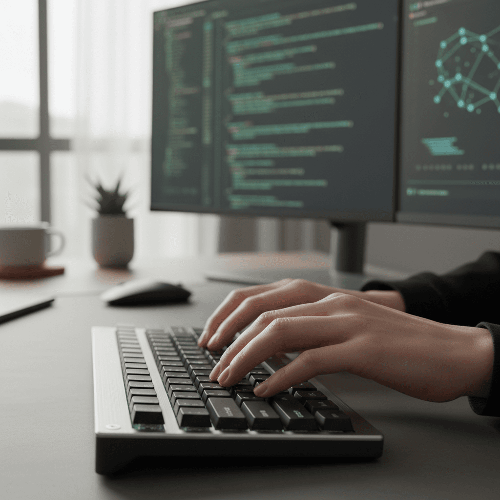 Hands typing on a mechanical keyboard with code on screen