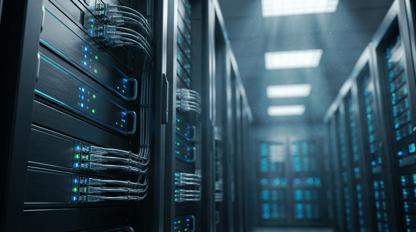 A rack of data servers with blue indicator lights in a modern data center