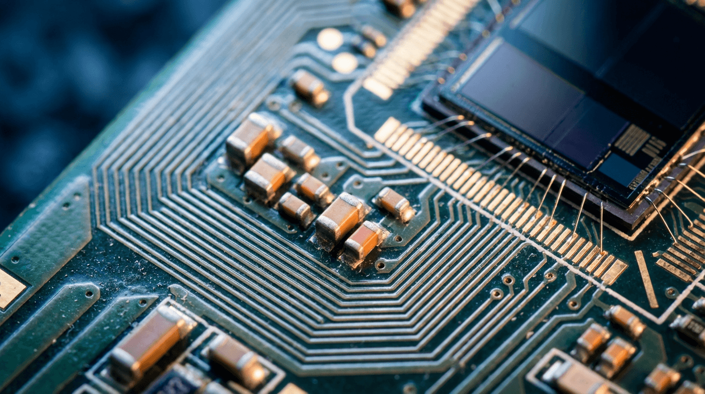 Close-up of a microchip on a circuit board