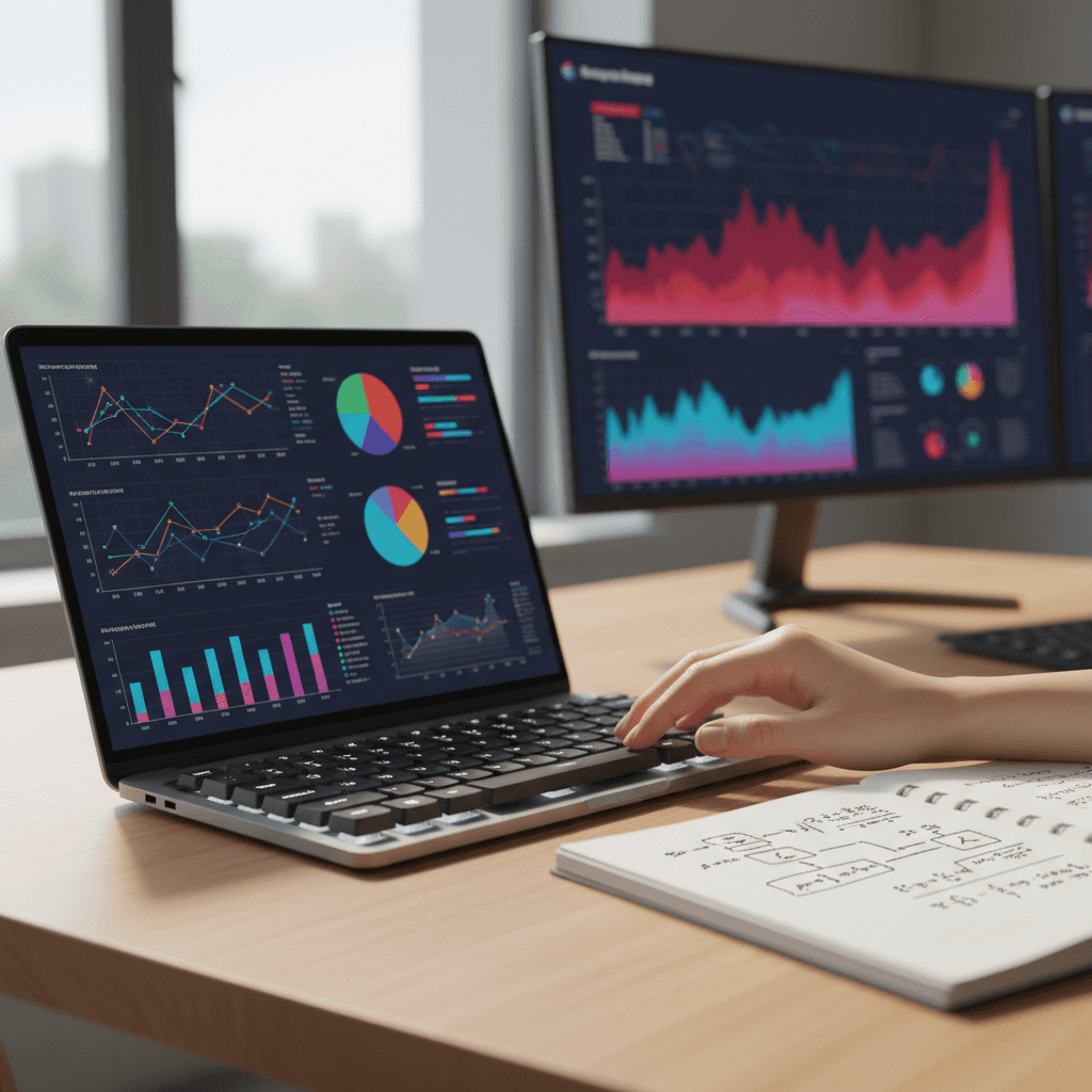 Data analyst hands typing on keyboard with abstract data visualizations